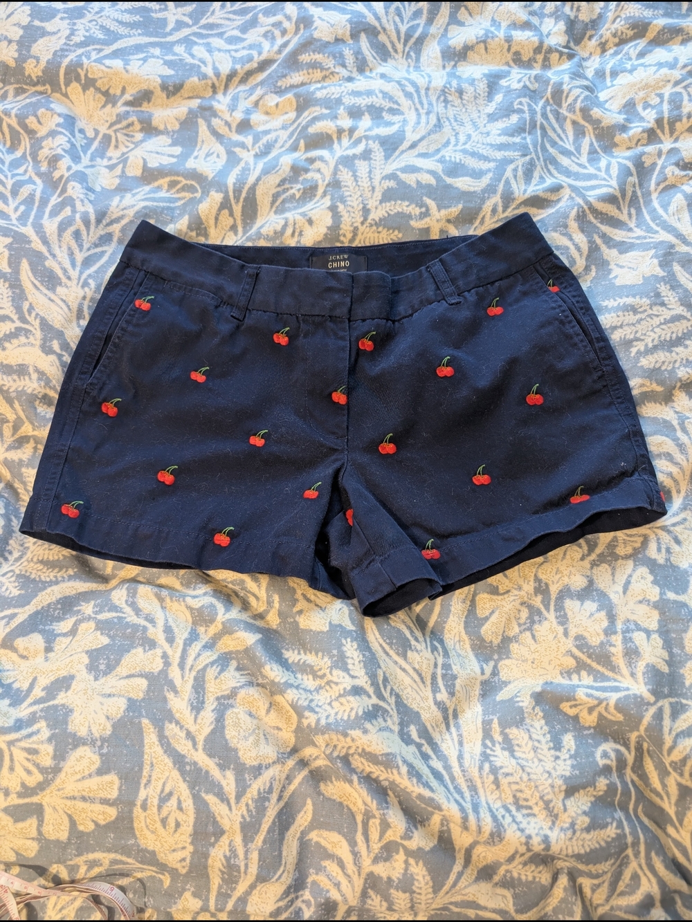J. Crew Factory Navy Chino Shorts with Embroidered Red Cherries